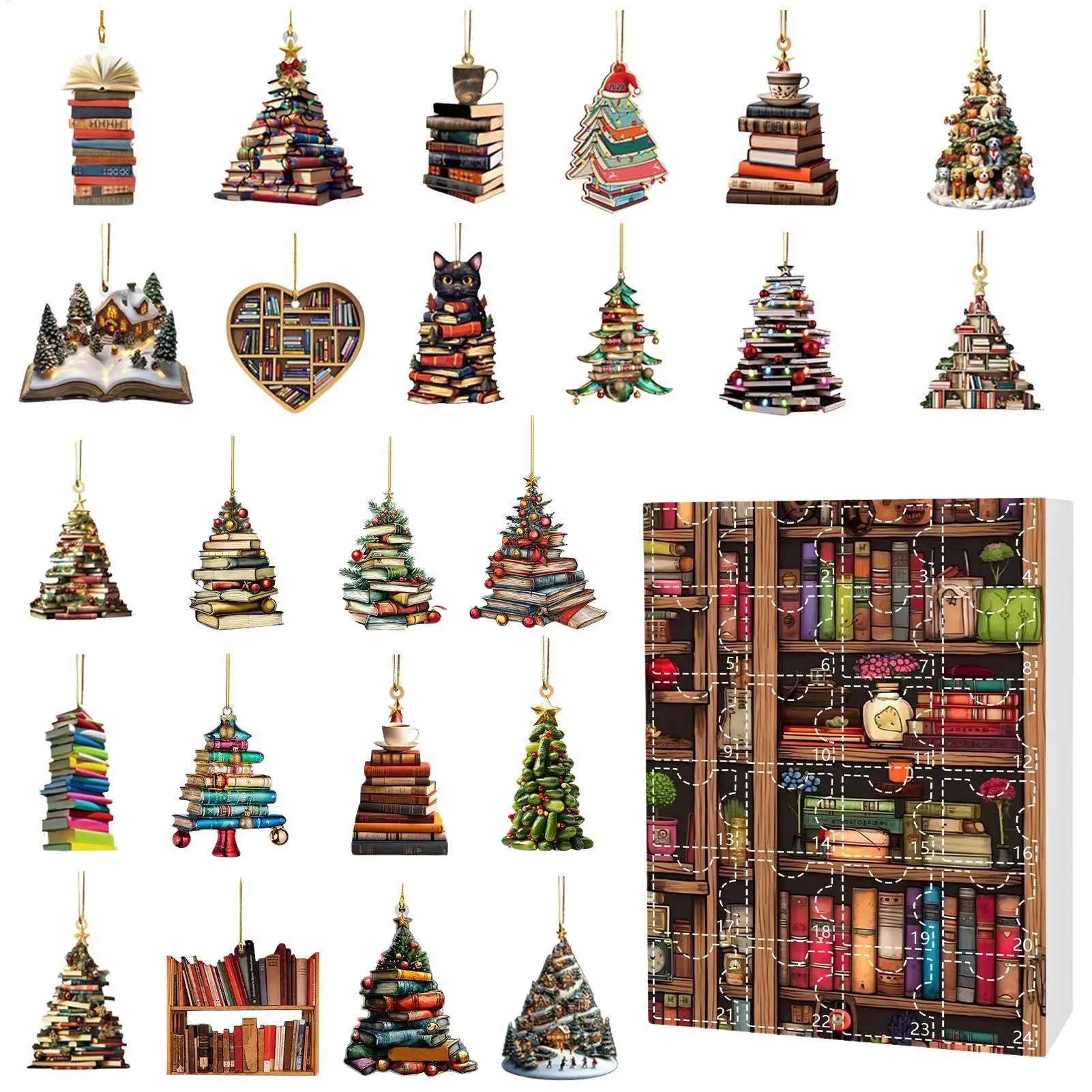 Colgante de estantería con forma de árbol de Navidad, calendario de Adviento de 24 días, colgante de apilamiento de libros acrílicos 2D, cajas de calendario de cuenta atrás