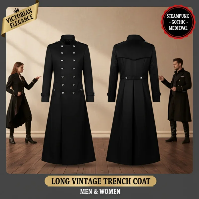 

❥SHENTON ✿SHENTON Victorian Long Vintage Jacket Men Women Stand Collar Pirate Western Cow Cosplay Trench Coat Punk Gothic MedL&✿