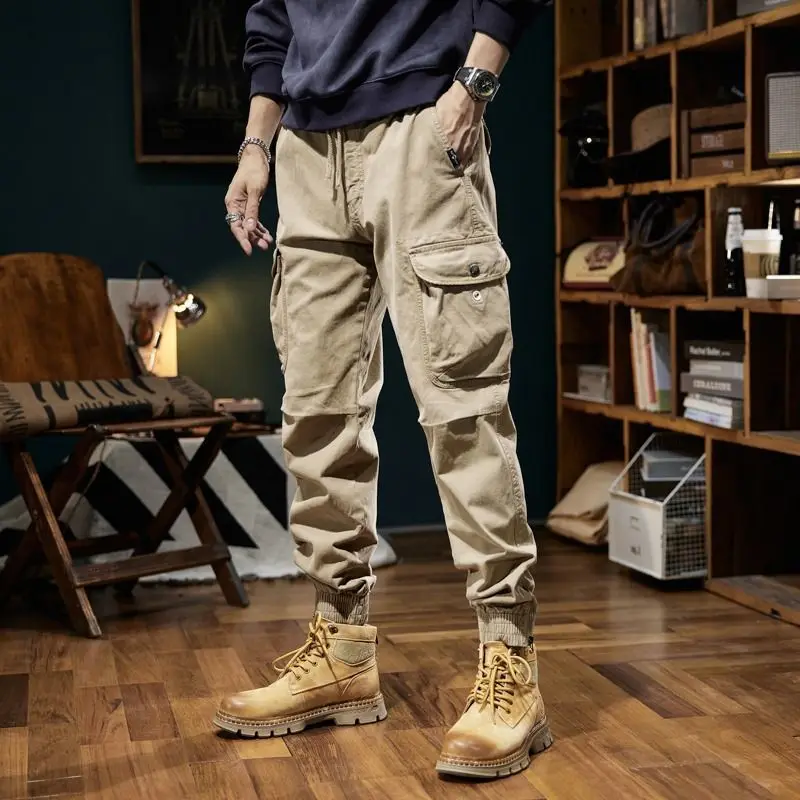 Spring Autumn Preppy Style Solid Color Pockets Men's Clothing Elastic High Waisted Button Loose Trousers Cargo Bloomers Pants