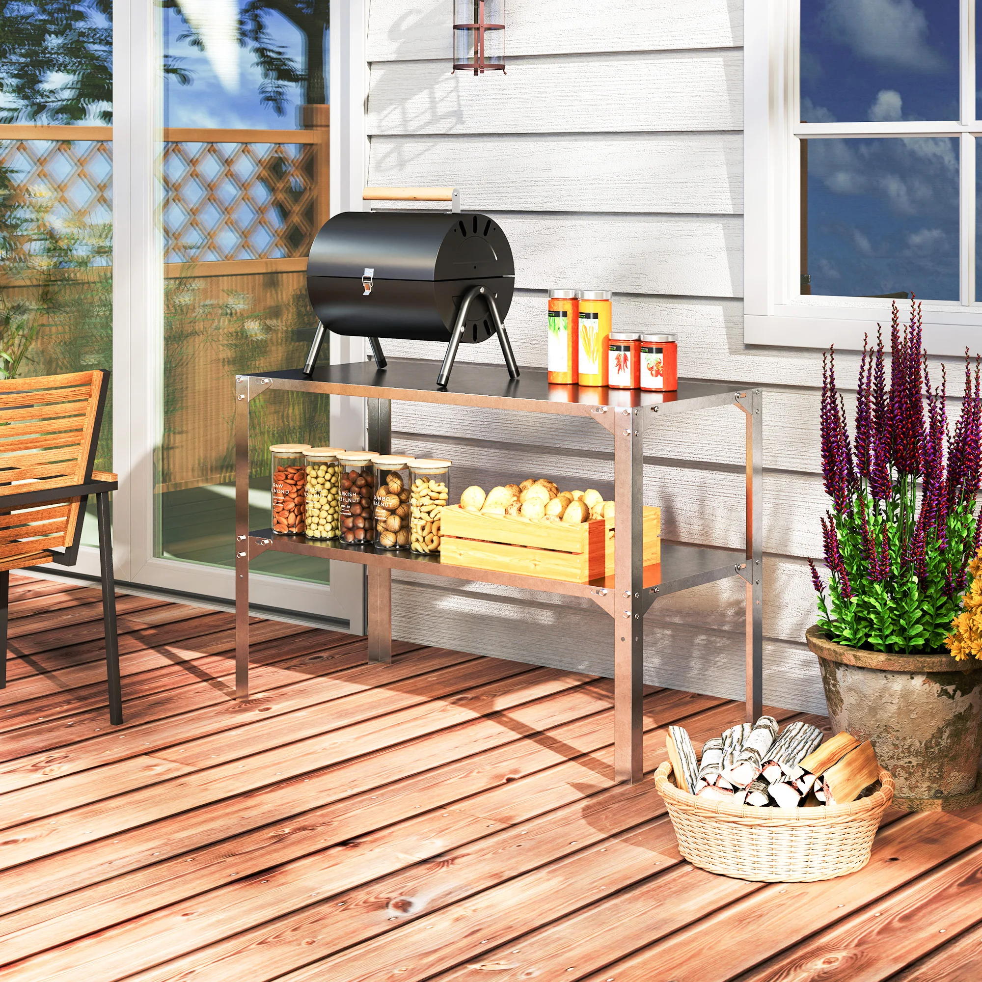 2 Tier Potting Bench Table, Galvanized Steel Planting Work Bench, Silver Tone