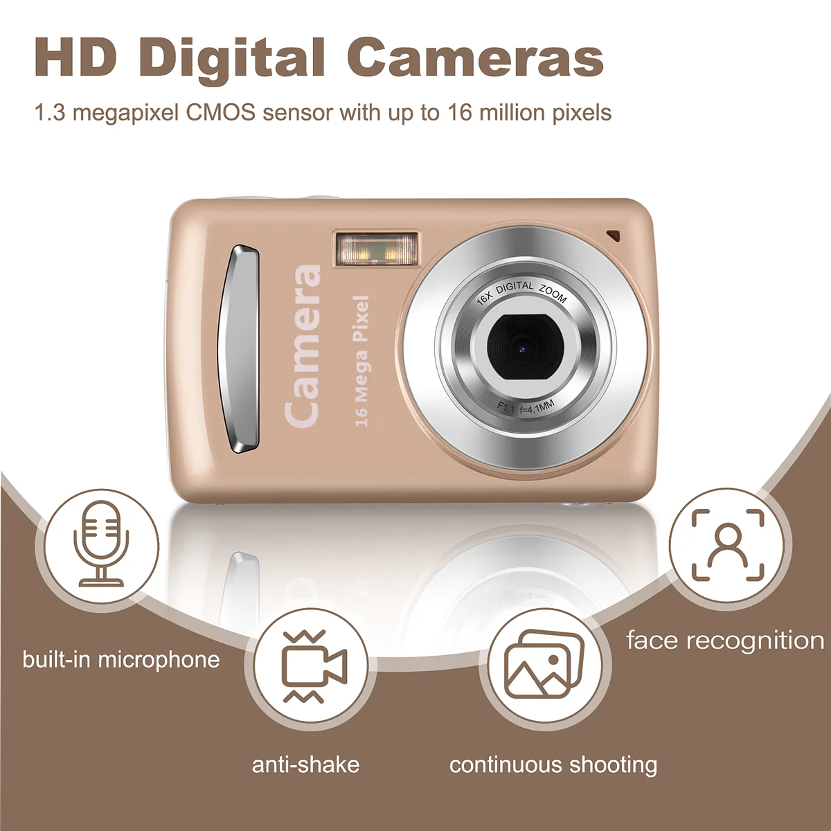 Aparat cyfrowy, aparaty przenośne 16 milionów pikseli HD Kompaktowy domowy aparat cyfrowy dla dzieci, nastolatków, seniorów, złoty