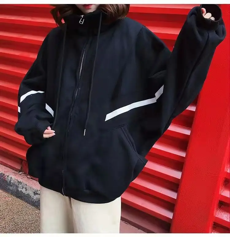 Y2k Hoodie Long Sleeve Kpop Harajuku Drawstring Pocket Sweatshirt 2025 Striped Oversized Zip Up Hoodies Women Retro Jackets