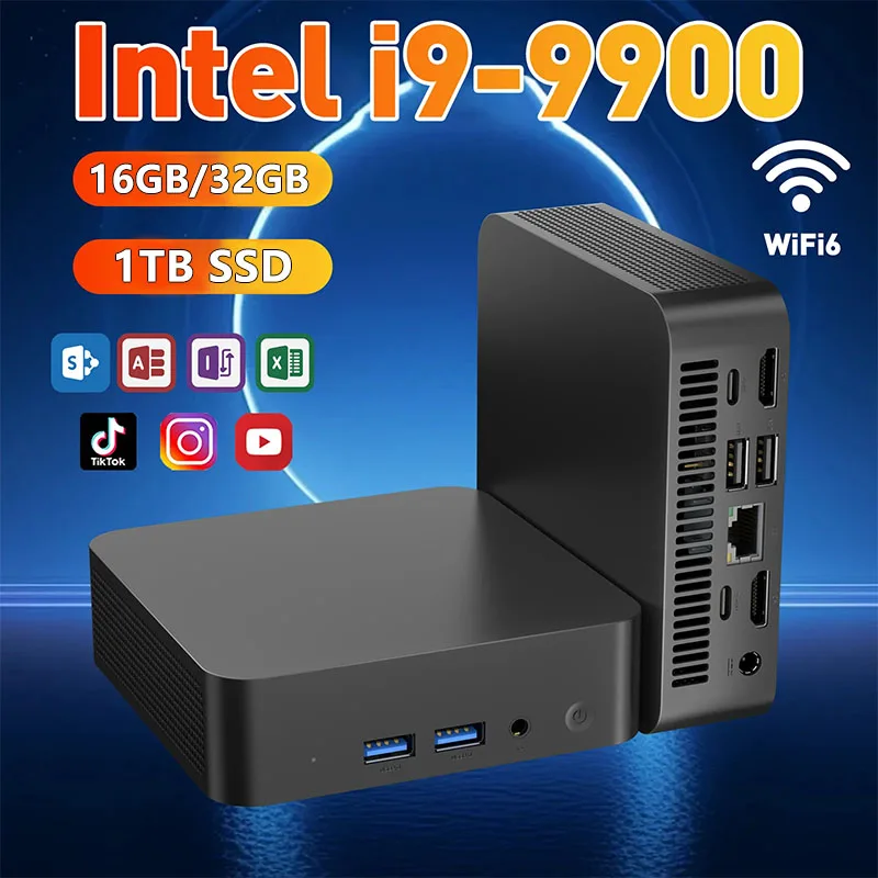 Mini PC Windows 11 Intel Core i9-9900 16 Go/32 Go de RAM + 256 Go/512 Go/1 To/2 To de ROM SSD Wi-Fi 6 Bluetooth 5.2 Mini PC de jeu, bureau et études