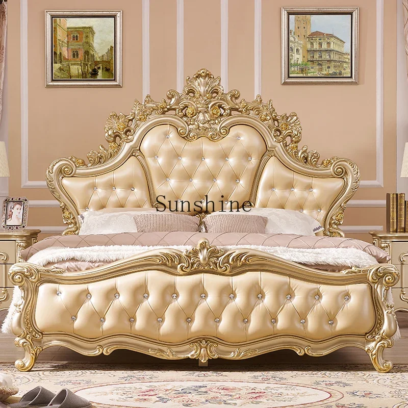 European gold luxury double bed master bedroom simple leather bed FT