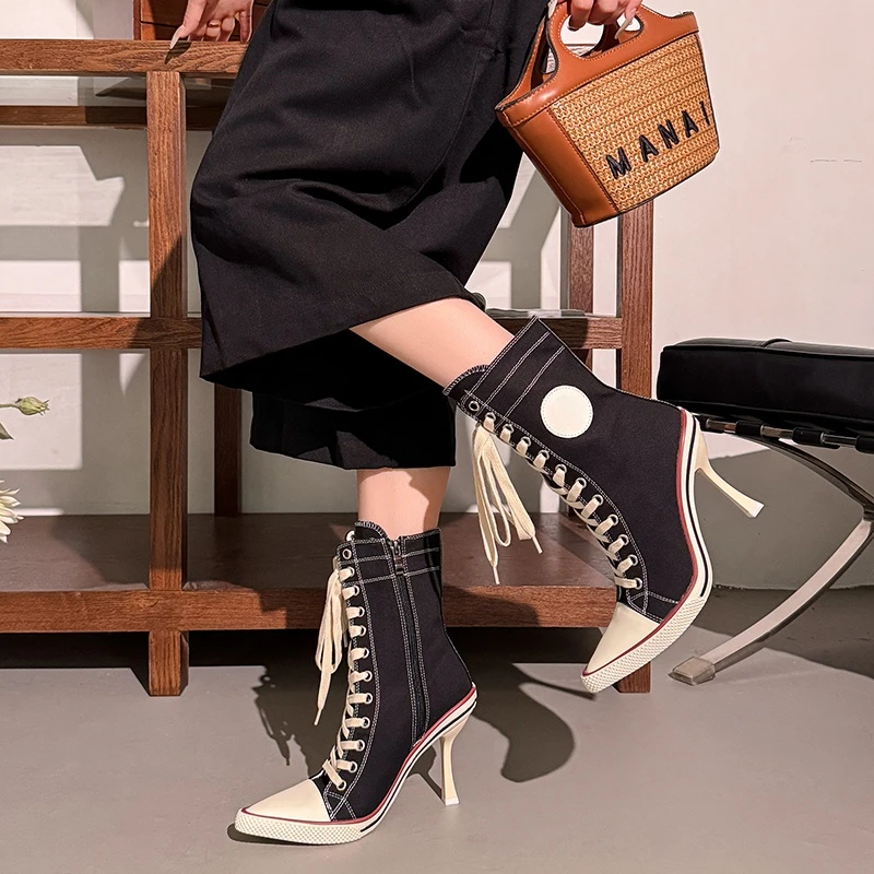 Bottines à talon aiguille en toile, style vintage, à lacets et fermeture éclair latérale, talon fin, design original, bottes mi-mollet pour femme tendance