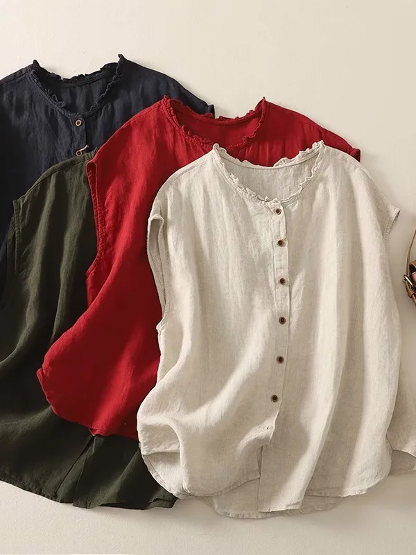 

Retro Lace Collar Linen Short Sleeve Shirt Women Summer Versatile Loose Casual Fly Sleeve Cotton Linen Small Top Upperwear