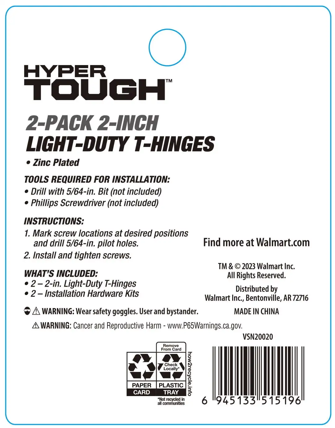 Dobradiça em T leve de 2 polegadas, galvanizada (pacote com 2)