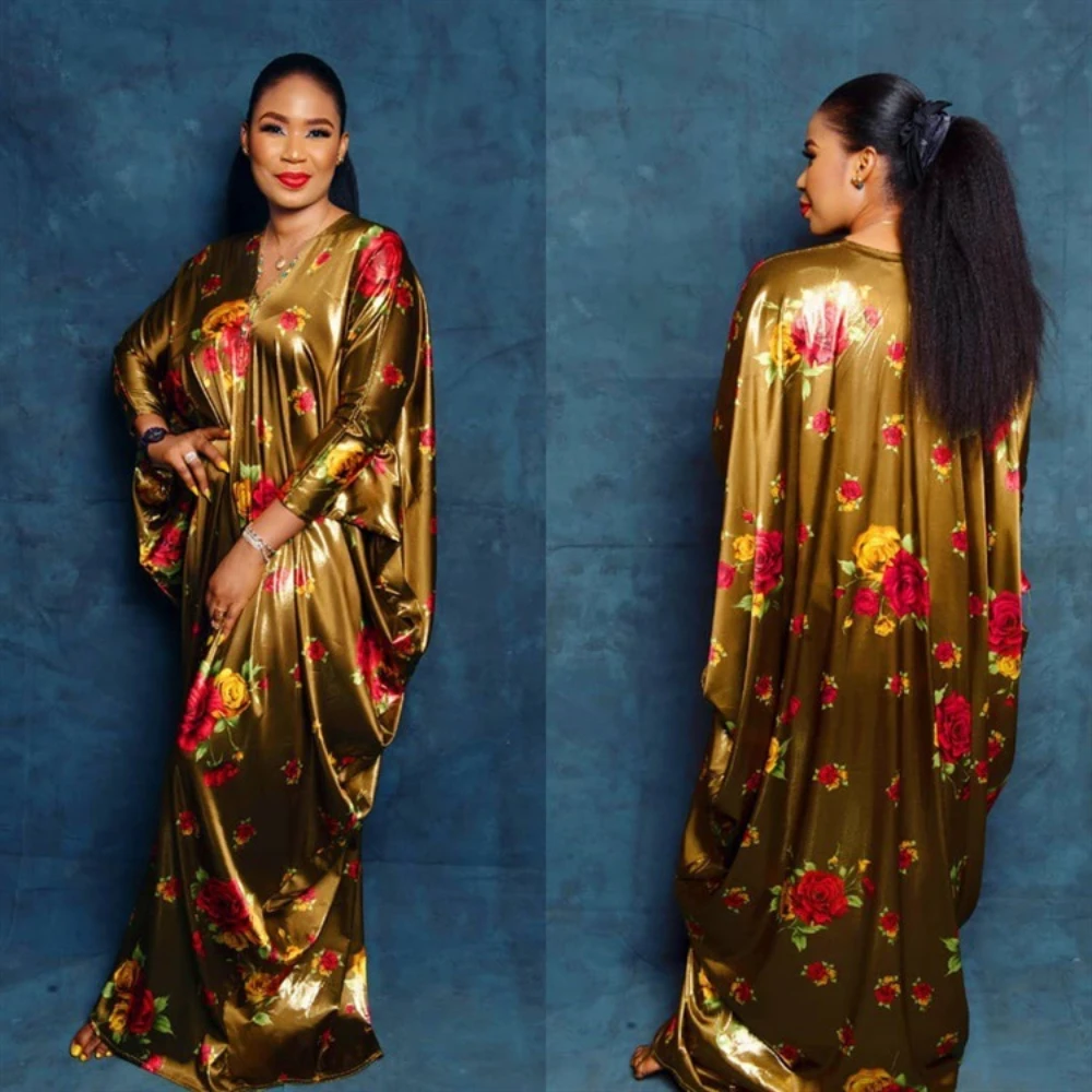 

European and American Women's Dress Big Swing Elastic Satin Digital Print V-neck Robe ML103Q90