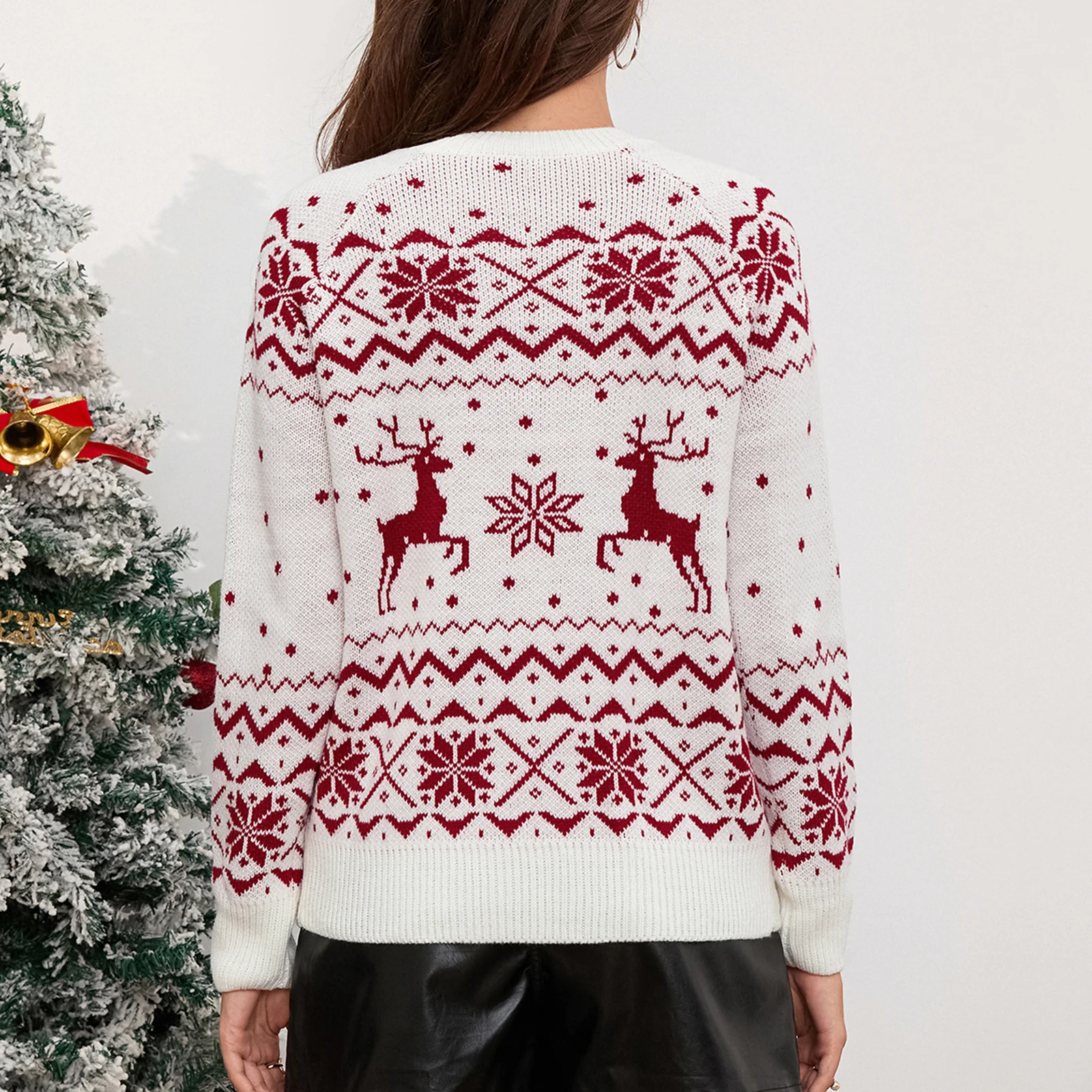 Dames Kersttruien Klassieke Rendieren Sneeuwvlok Print Lange Mouw Ronde Hals Gebreide Trui Tops