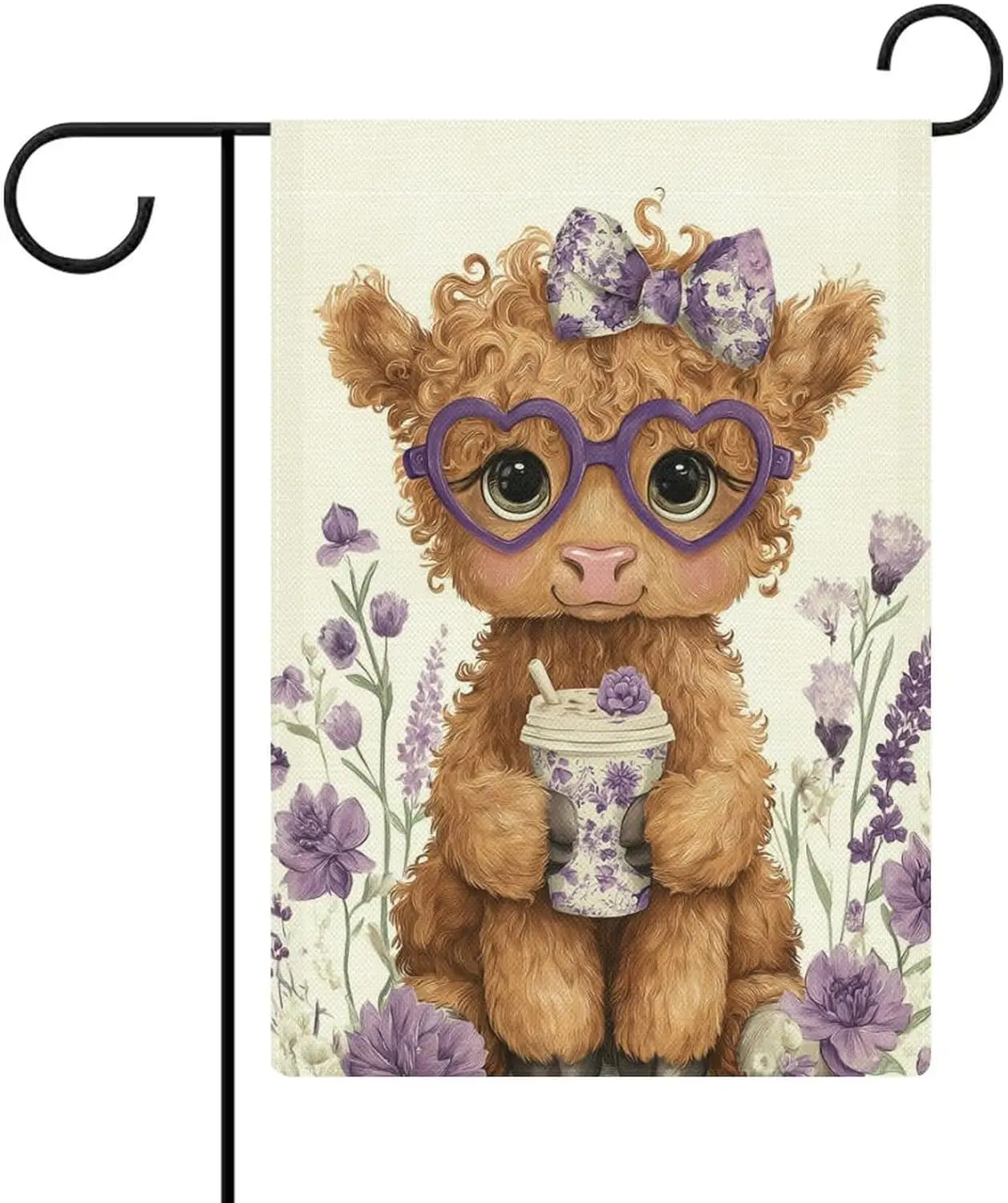 Highland Cow Purple Heart Shaped Glasses Garden Flag Holiday Garden Decoration House Yard Home Decor Double Sided Outside Fl uui