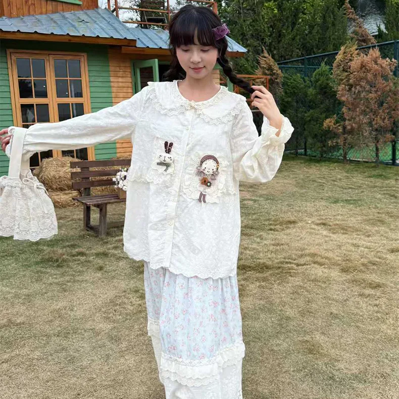 

Милая японская блузка в стиле Лолита с бантом, винтажная, в стиле рококо, женская, с рюшами, кружевом, мультяшным принтом, викторианская белая рубашка для девочек