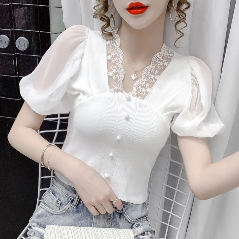 

Lace Chiffon Patchwork T-shirt Top women 2021 summer short sleeve elegant office ladies blouse top Pearl button Navel top