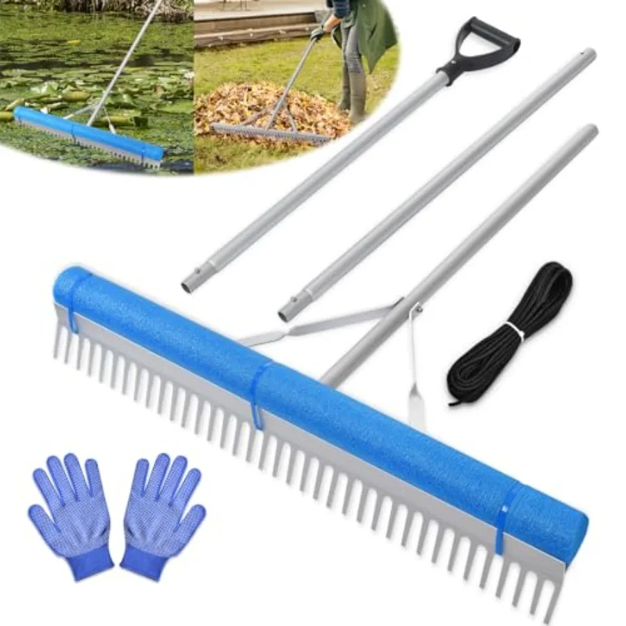 

Floating Lake Rake Leaf Collector for Gardening 36" Aluminum Landscape Rake with Adjustable Handle 33FT Rope and Float Weed Alg