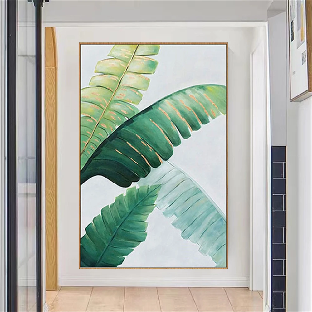 Nordic Decorative Wall Art Pictures Handmade Oil Painting Plant Banana Leaf Green Canvas Poster Decor Living Room Porch Mural