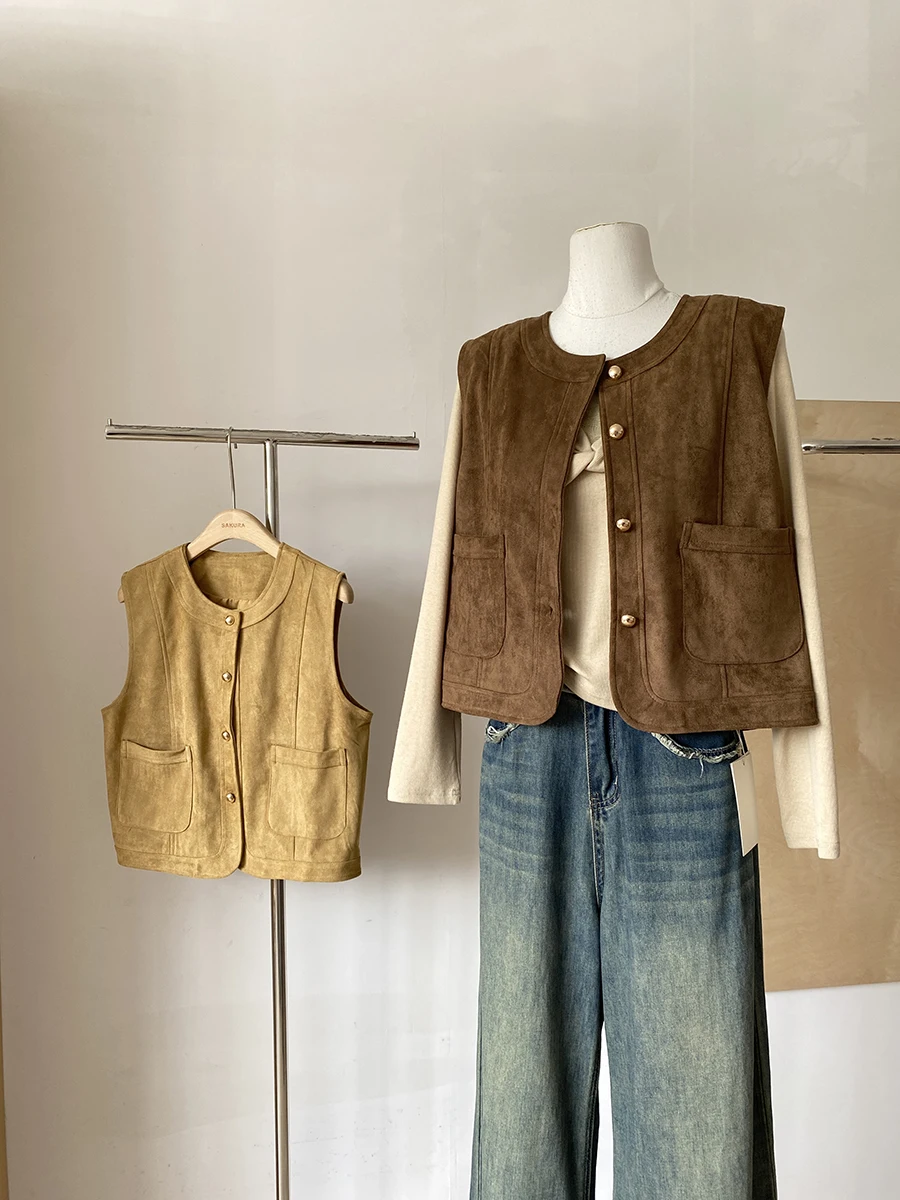 

Женский винтажный однобортный замшевый жилет с круглым вырезом, верхняя одежда, женский весенне-осенний однотонный свободный короткий топ без рукавов