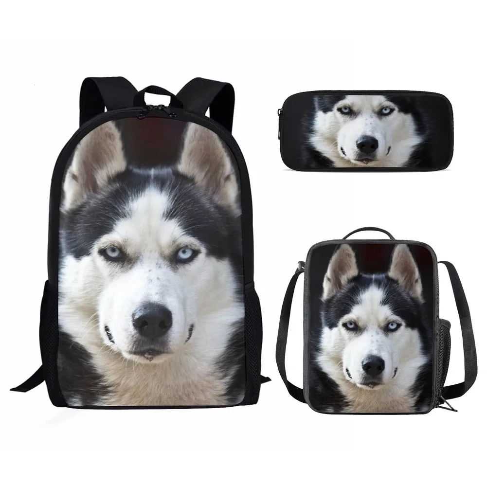 Cute Husky Dog Bulldog Print 3Pcs School Bag Set for Teenager Boys Girls Student Daily Campus Book Bag with Lunch Bag Pencil Bag