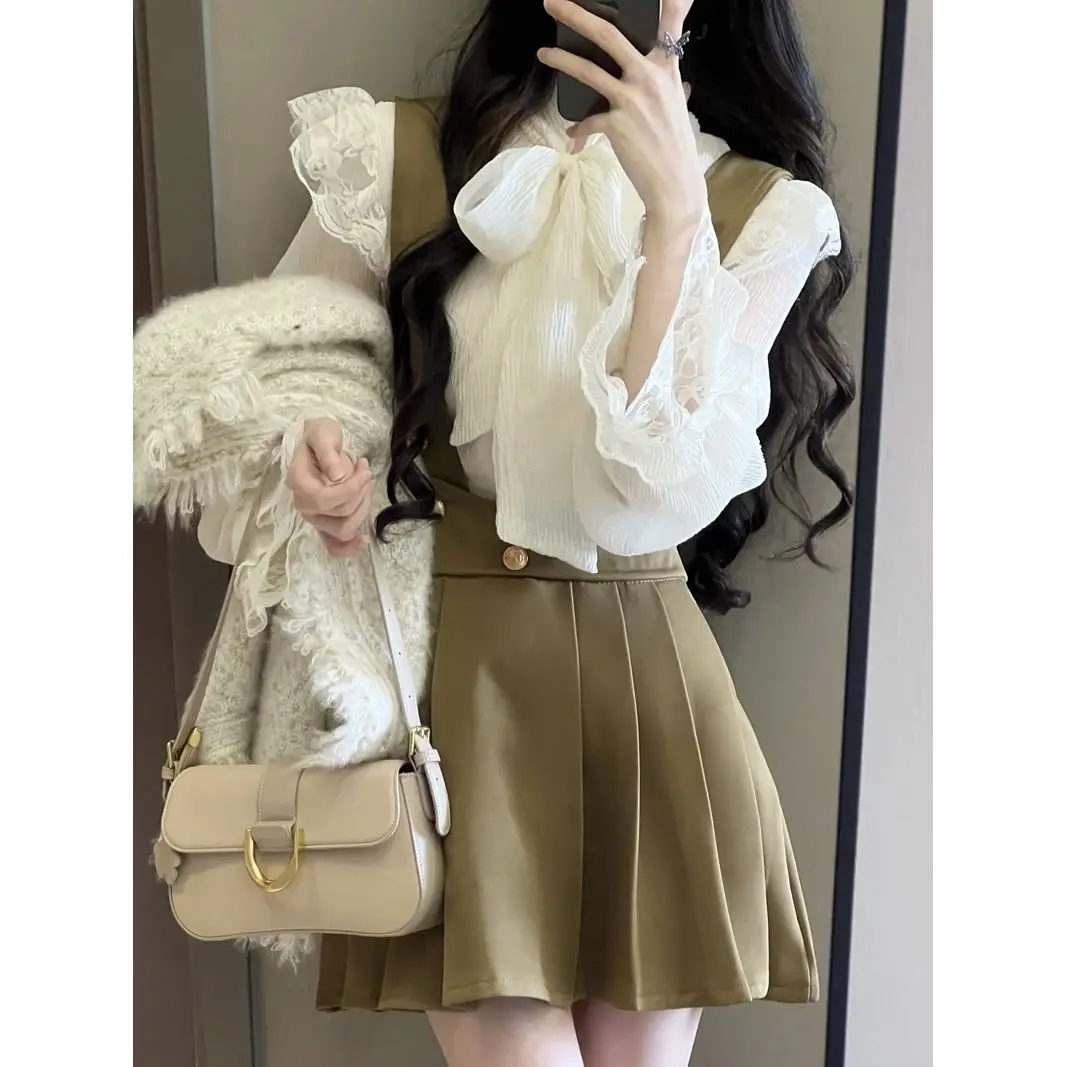 Design Sense Lace Lace Up Long Sleeved Chiffon Shirt with Pleated Shoulder Straps Half Skirt Women\'s New Set