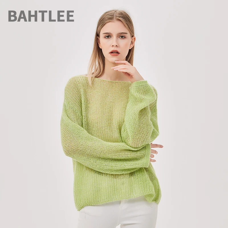 BAHTLEE-Women\'s Mohair Knitted Pullovers, Slash Neck, Flare Sleeve, Thin, Loose, Comfortable, See-Through, Autumn