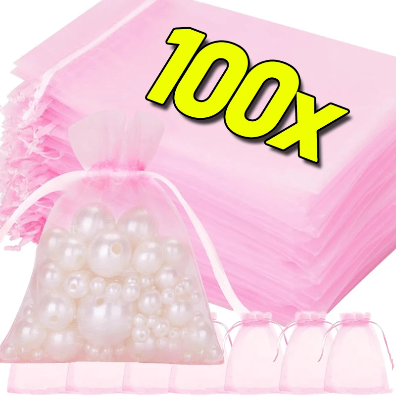 Pink Mesh Organza Drawstring Bags for Jewelry Gift Packaging Small Pouches Earring Wedding Party Favor Candy Storage Bags Decor