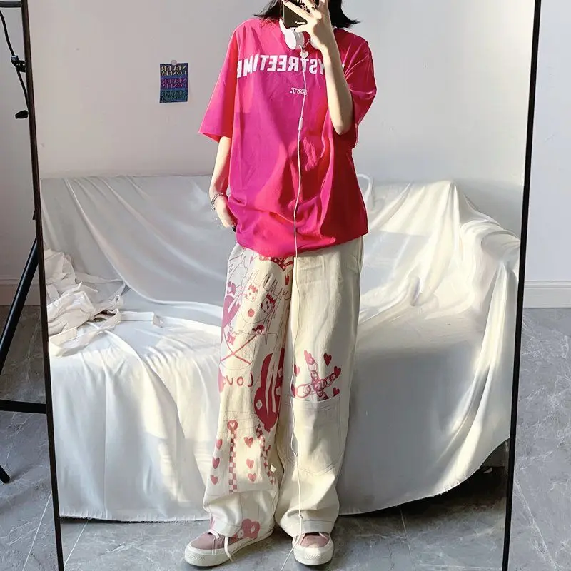 E Girls Clothing Trousers Pink Anime Wide Leg Japanese Streetwear High Waist Pants Loose Straight Cargo Punk Pants Women