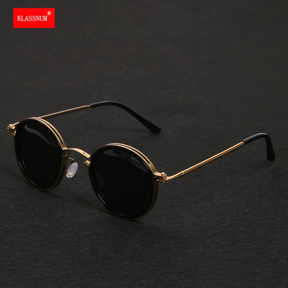 KLASSNUM męskie okulary przeciwsłoneczne z polaryzacją 2025 luksusowy Design metalowe okrągłe oprawki okulary przeciwsłoneczne damskie Retro UV400 odcienie klasyczne okulary nowość