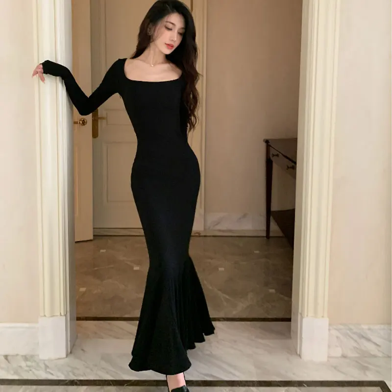 

Женское винтажное платье с юбкой годе, черное облегающее платье макси в стиле Хепберн с квадратным вырезом и длинным рукавом, в французском стиле ретро, осень