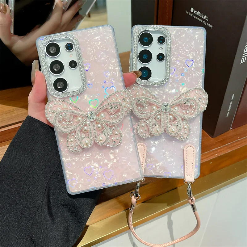 3D Laser Giltter Diamond Butterfly Hülle für Samsung Galaxy S24 S25 Plus Ultra FE S25 Edge mit Handschlaufe stoßfeste Abdeckung