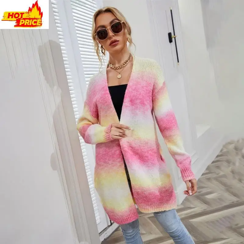 

Womens Gradient Colorful Knitwear Cardigan Long Sleeve Open Front Casual Loose Knitted Sweater Coat Outwear with Pockets