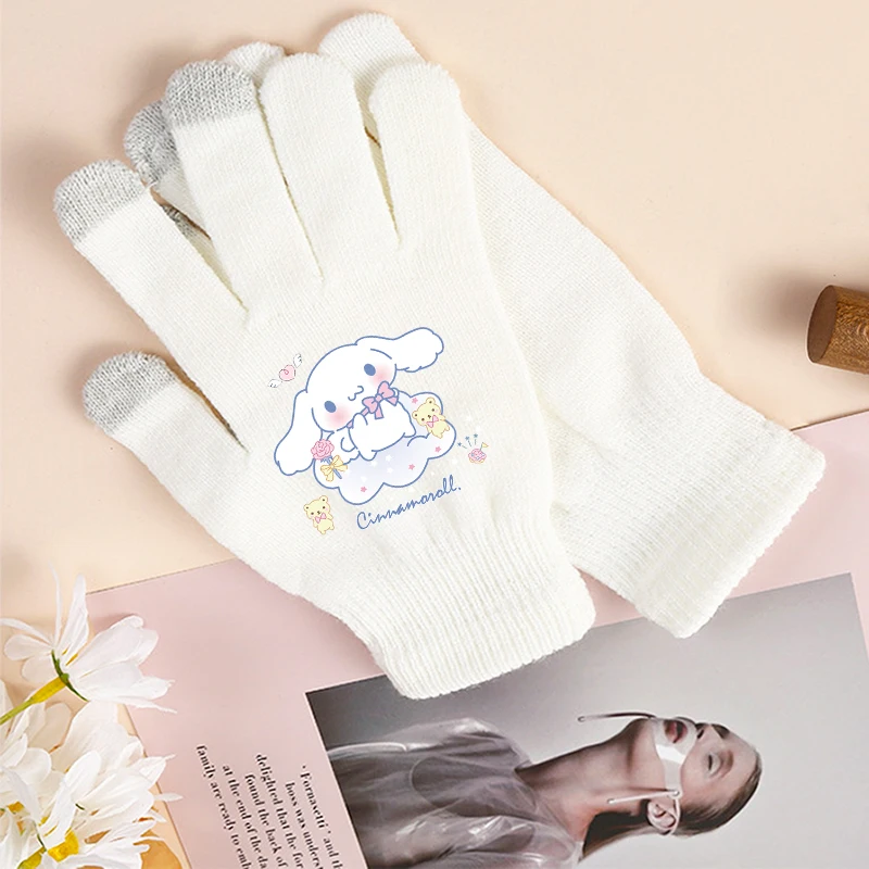 Sanrio Cinnamoroll Girl White Finger Glove Outdoor Casual Walk Street Winter Ride Bike Warm Kawaii Knitted Glove Vogue Xmas Gift