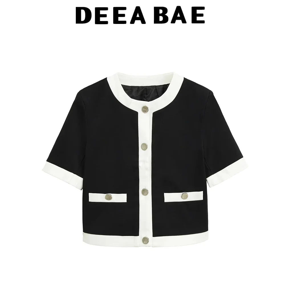 DEEABAE 2025 ملابس نسائية جديدة لخريف 2025 على الطراز الأوروبي والأمريكي سترة ضيقة بألوان متباينة ورقبة مستديرة وأكمام قصيرة #1