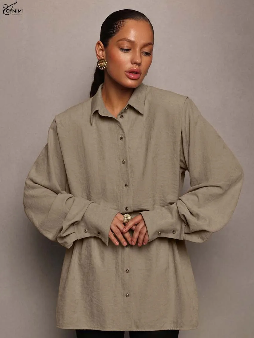 Oymimi Elegant Khaki Pleated Women's Shirt Fashion Lapel Long Sleeve Single Breasted Shirts Casual New High Waisted Solid Shirts