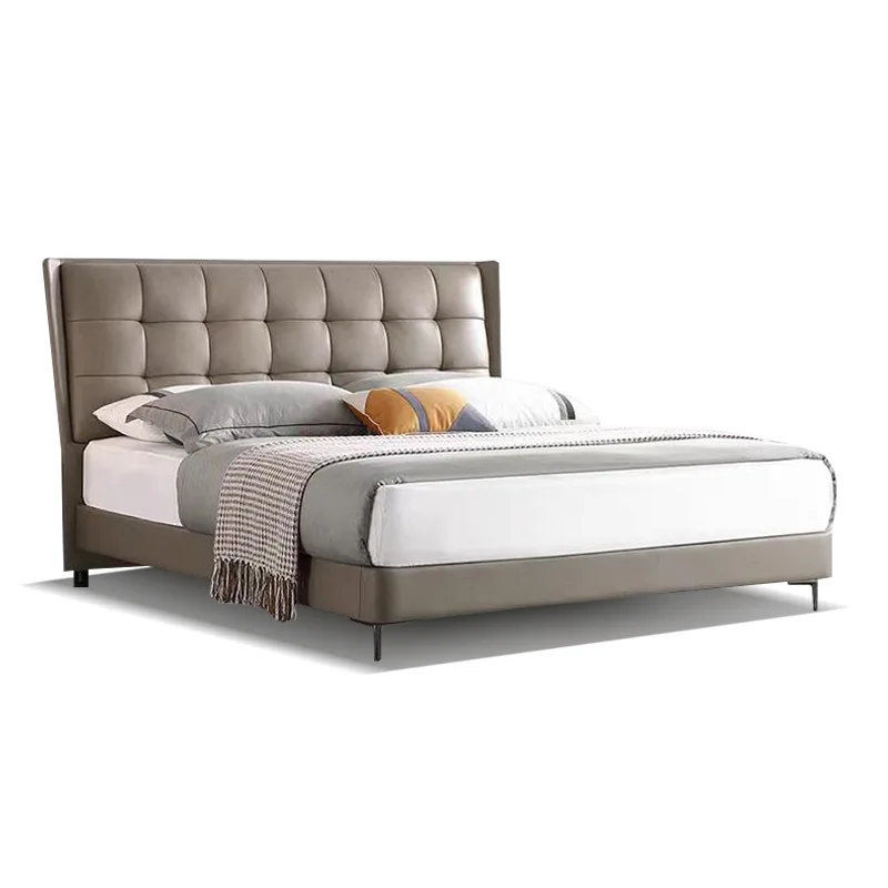 

Simple modern bedroom small flat edge double high foot leather bed