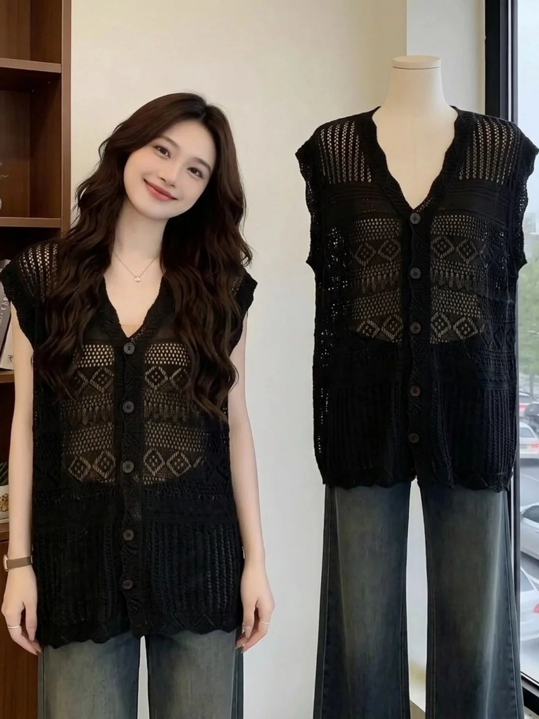 Korean Style V-Neck Sleeveless Hollow Knitted Sweater Single Button Slimming Belly Cover plus Size Vest Layering Outerwear Top
