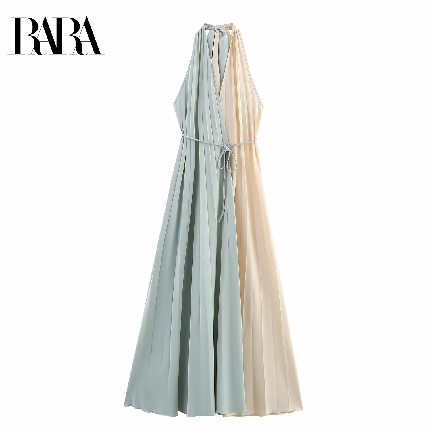 

RARA2025 New Summer Women's Casual Backless Sexy V-neck Halter Neck Contrast Color Pleated Sleeveless Long Skirt