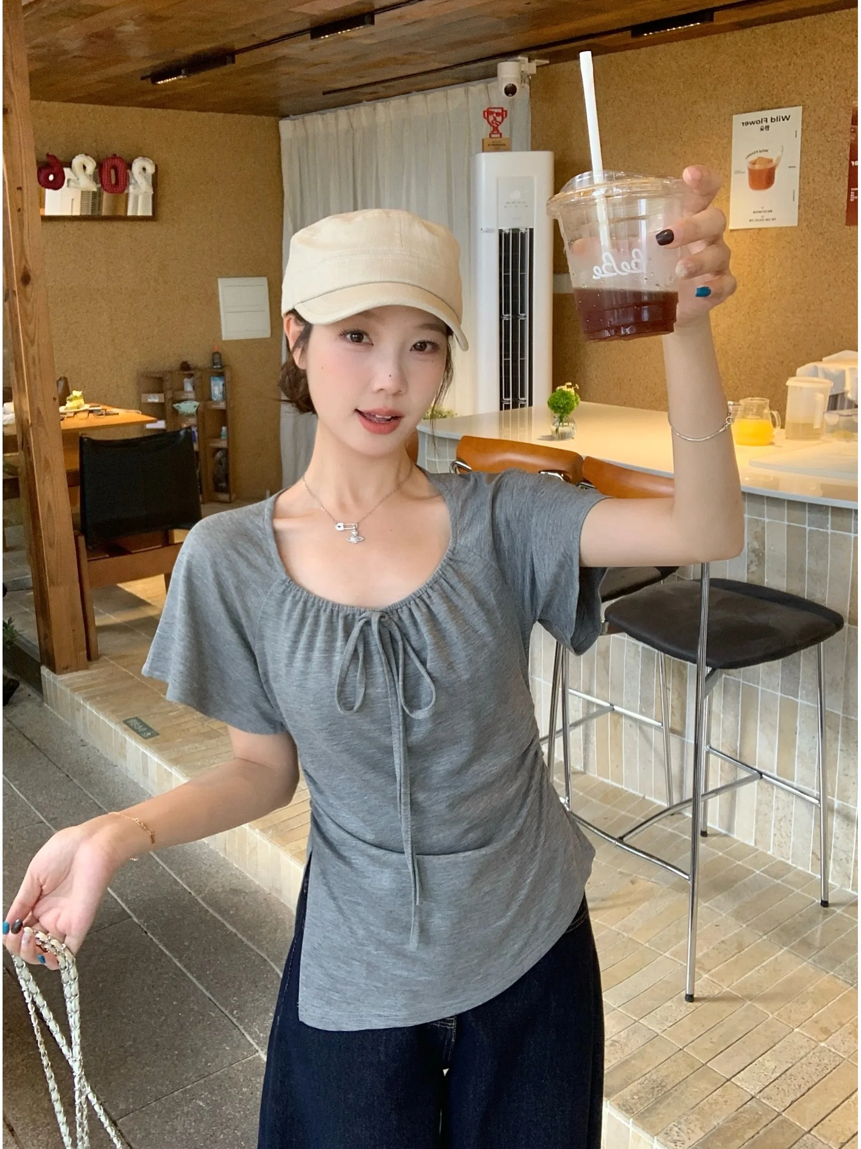 

plus Size Women's Korean Style Lazy Short Sleeve T-Shirt Summer New U-Neck Slimming Versatile Design Belted Top