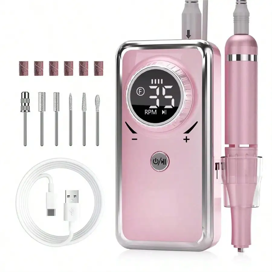 Electric Nail Drill 35000RPM Portable USB Rechargeable Acrylic Gel Polished Nail Drill Machine With 6 Nail Drill Bit Salon