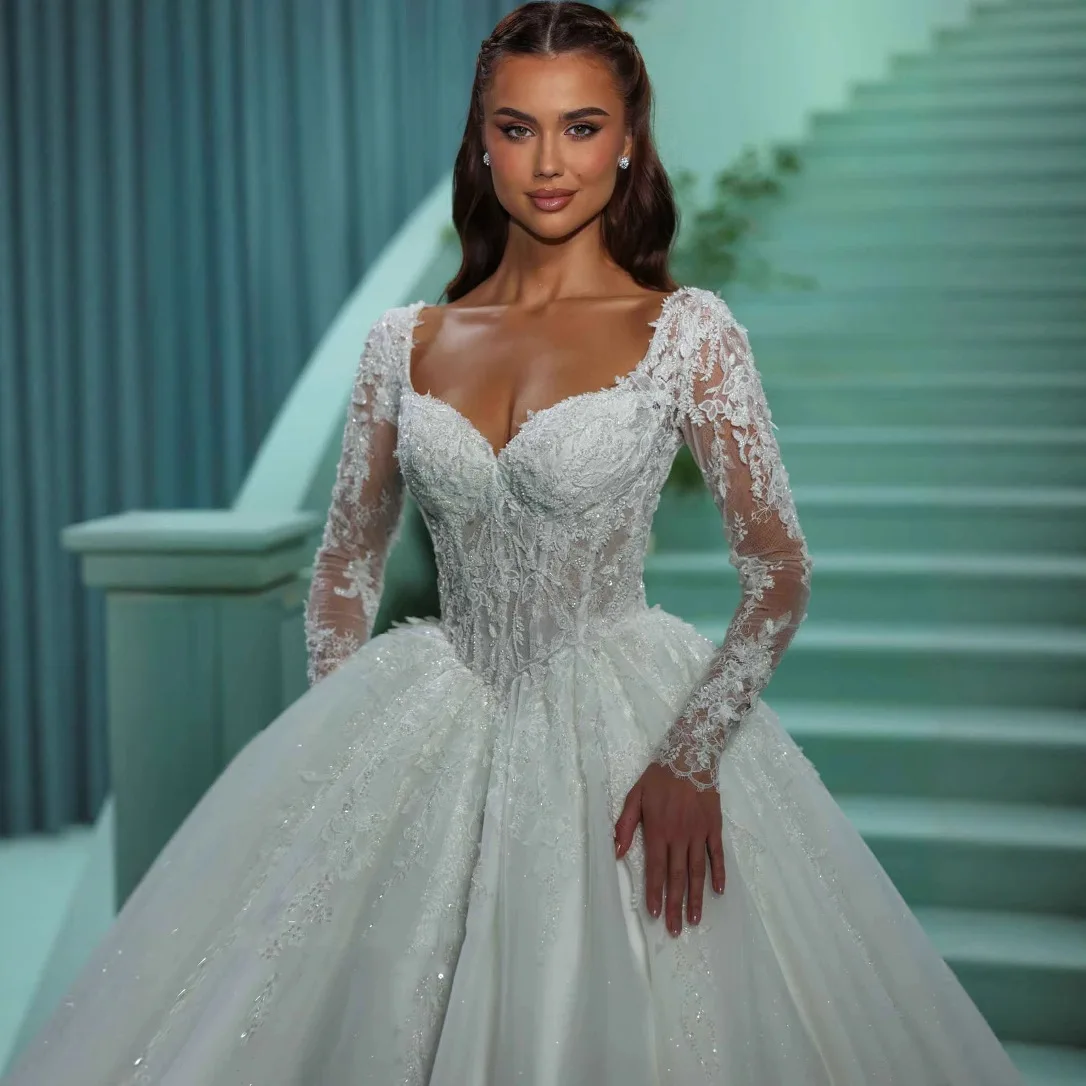Exquisite Hochzeit Kleid Schatz Lange Ärmel Prinzessin Ball Gow Lace Up Pailletten Kirche Braut Brautkleider Arabisch Vestido De No