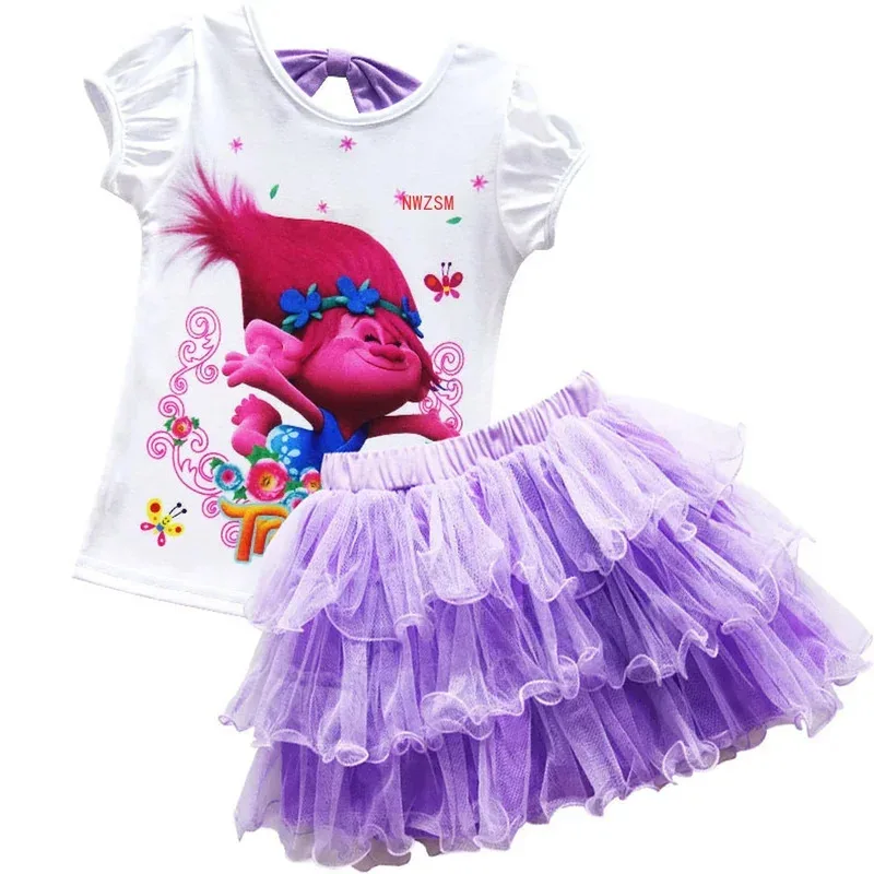 

Fashion Kids Clothes Girls Anime Trolls T-shirt Skirt 2pcs Birthday Party Costume Summer Dress Cartoon Short Sleeve Outfits
