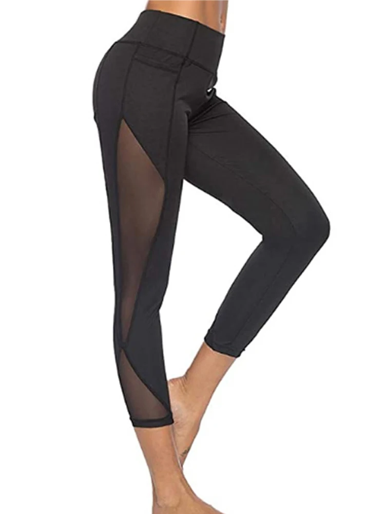 Legginsy Fitness czarna siłownia Capri kobiety patchworkowy, z siatką legginsy sportowe seksowne leginy żeńskie spodnie elastyczne