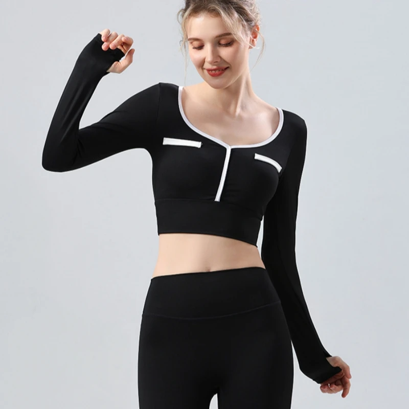 

Women's Workout Tops Long Sleeve Short Yoga Crop Top with Built-in Bra Finger Hole Sport Fitness Gym Shirt for Women Fall Winter