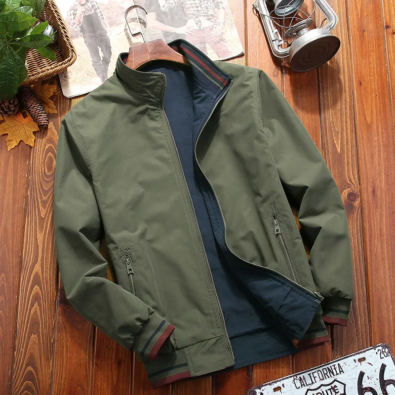 QICHE Men Double Sided Wear Stand Collar Loose Jacket Versatile Sports Casual Windproof Daily Outerwear