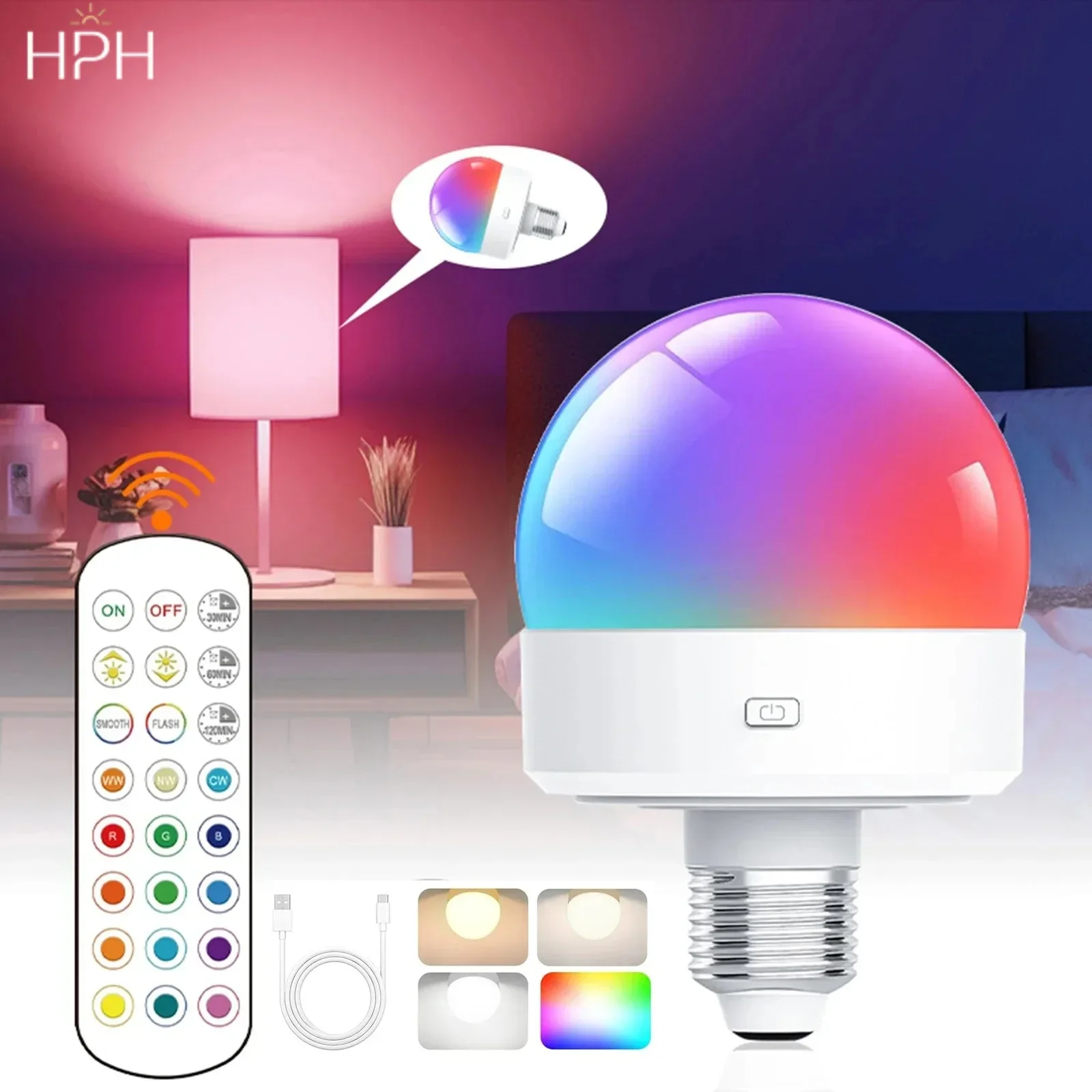 Image of HPH LED-Glühbirne, wiederaufladbar, Partybeleuchtung, Fernbedienung, Licht mit Timer, dimmbares RGB-Licht, dekorative kabellose Wandlampe