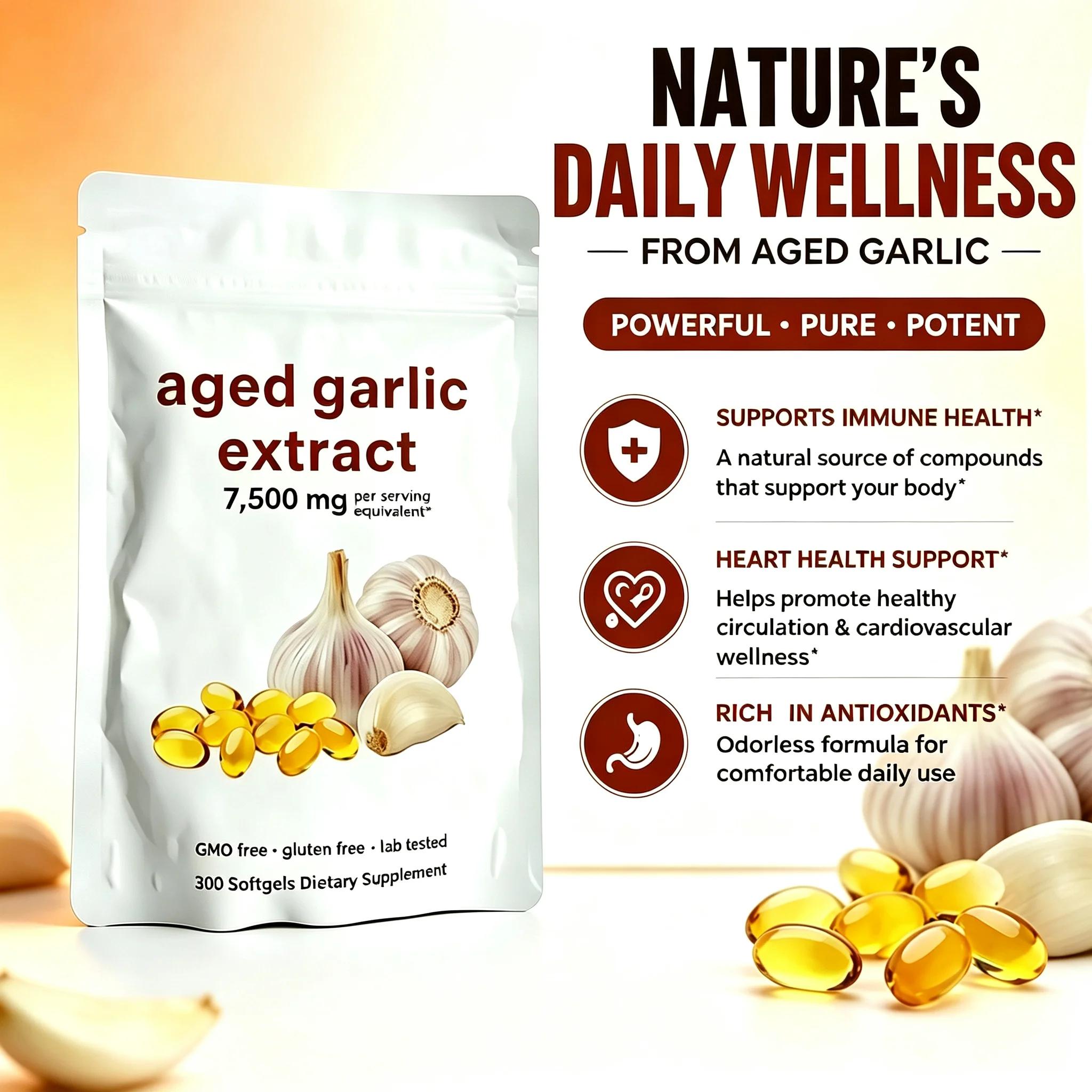 300 Count Aged Garlic Extract Capsules Organic Fermented Allicin Supplement Odorless Natural Extract Vegetarian Friendly