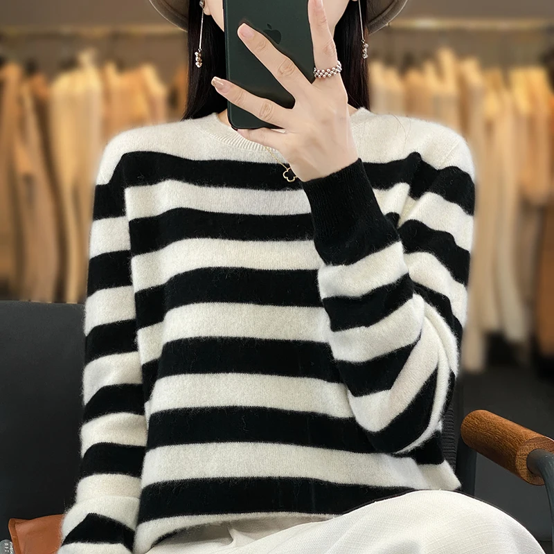 23 Autumn And Winter New Woolen Sweater Women's Round Neck Long Sleeve Pullover 100% Pure Wool Loose Plaid Simple Style Knitwear
