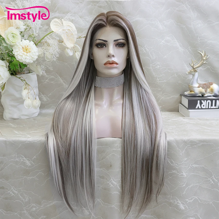 Imstyle Highlight Blonde Brown Wig Synthetic Lace Front Wig Long Straight Wig Heat Resistant Fiber Daily Wigs For Women 26 inch