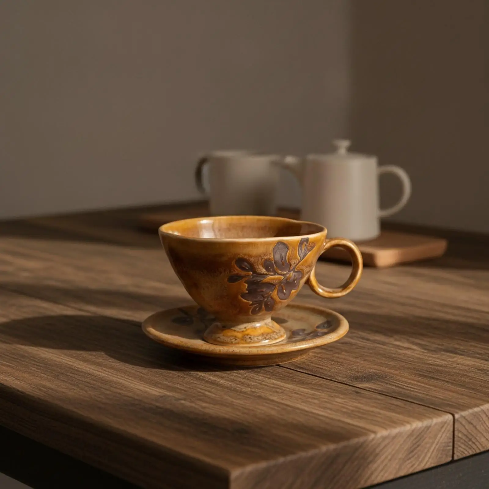 Handcrafted Style Ceramic Cup Saucer Set Botanical Pattern Coffee Tea Cup 250ml for Reading Relaxing Gift Idea