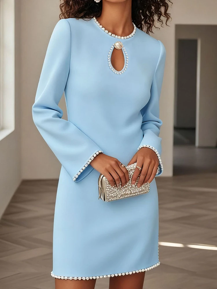 Chique mini-jurk met lange mouwen, dames lente herfst O-hals eenvoudige feestjurk, 2026 effen patchwork zoete damesjurk