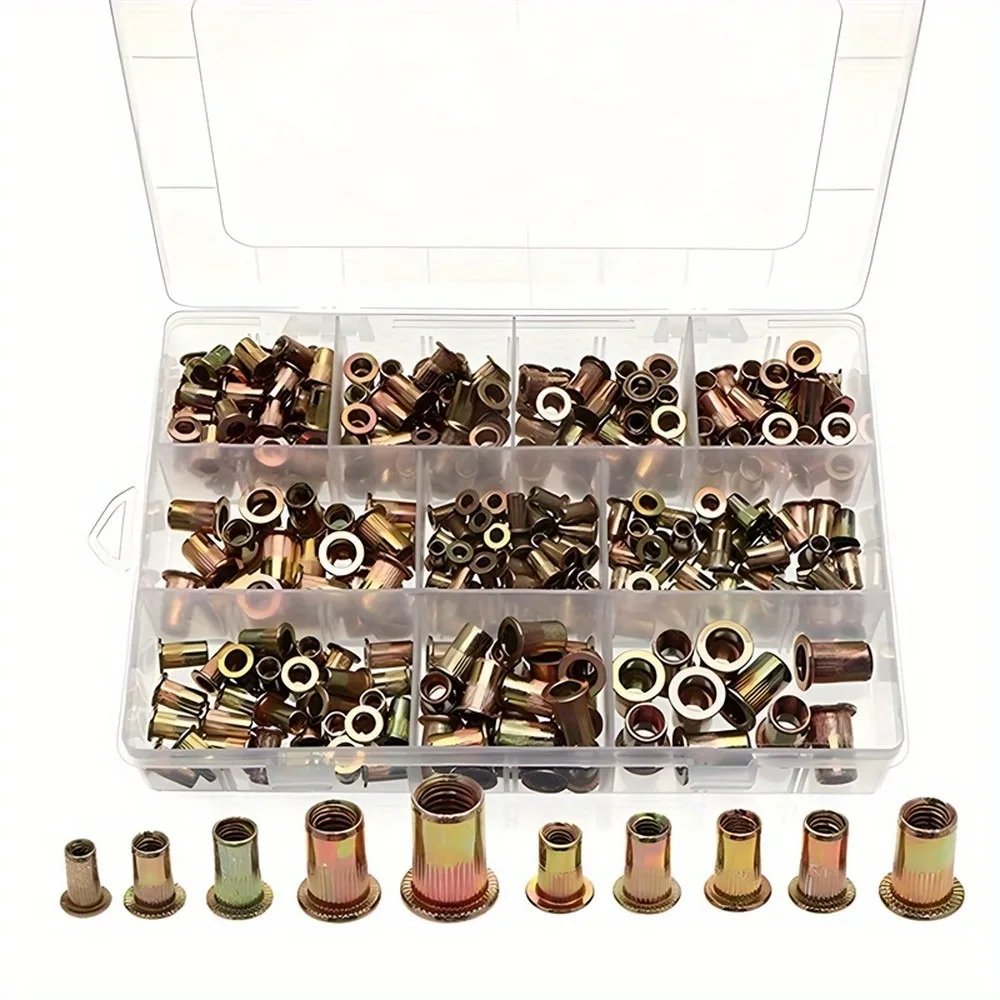 1Box 300Pcs Carbon Steel Flat Head Rivet Nut Insert Kit, Rivet Nut Gun Tool Set for Threaded Insert Repair, Hand Riveter