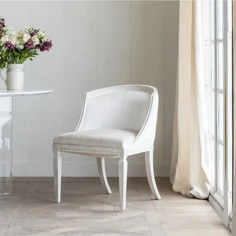 Emilie Barrel Back Dining Chair in Dove Velvet Porcelain White Finish French Style Solid Oak Wood Upholstered for Living Rooms