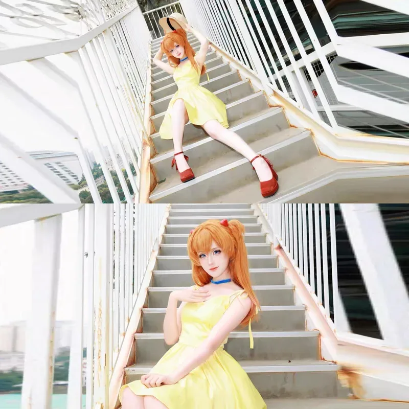 

2025 yiyi Anime Asuka Langley Soryu Cosplay Costume wig Women Yellow Slip Dress Summer Fashion Clothes Halloween Party Outfits